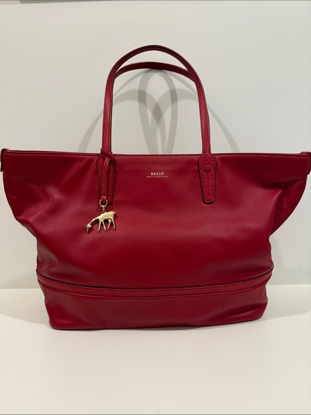 Bally Red Leather Tote with Gold Deer Charm